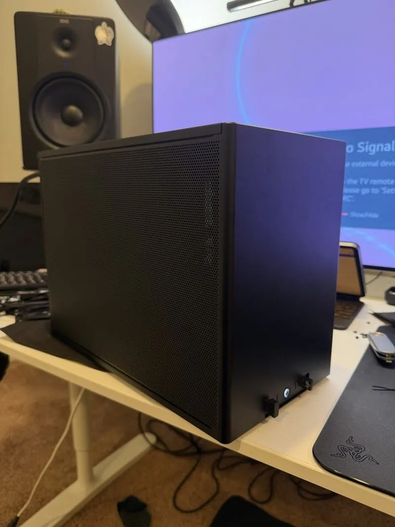A completed custom desktop build set up and ready to go